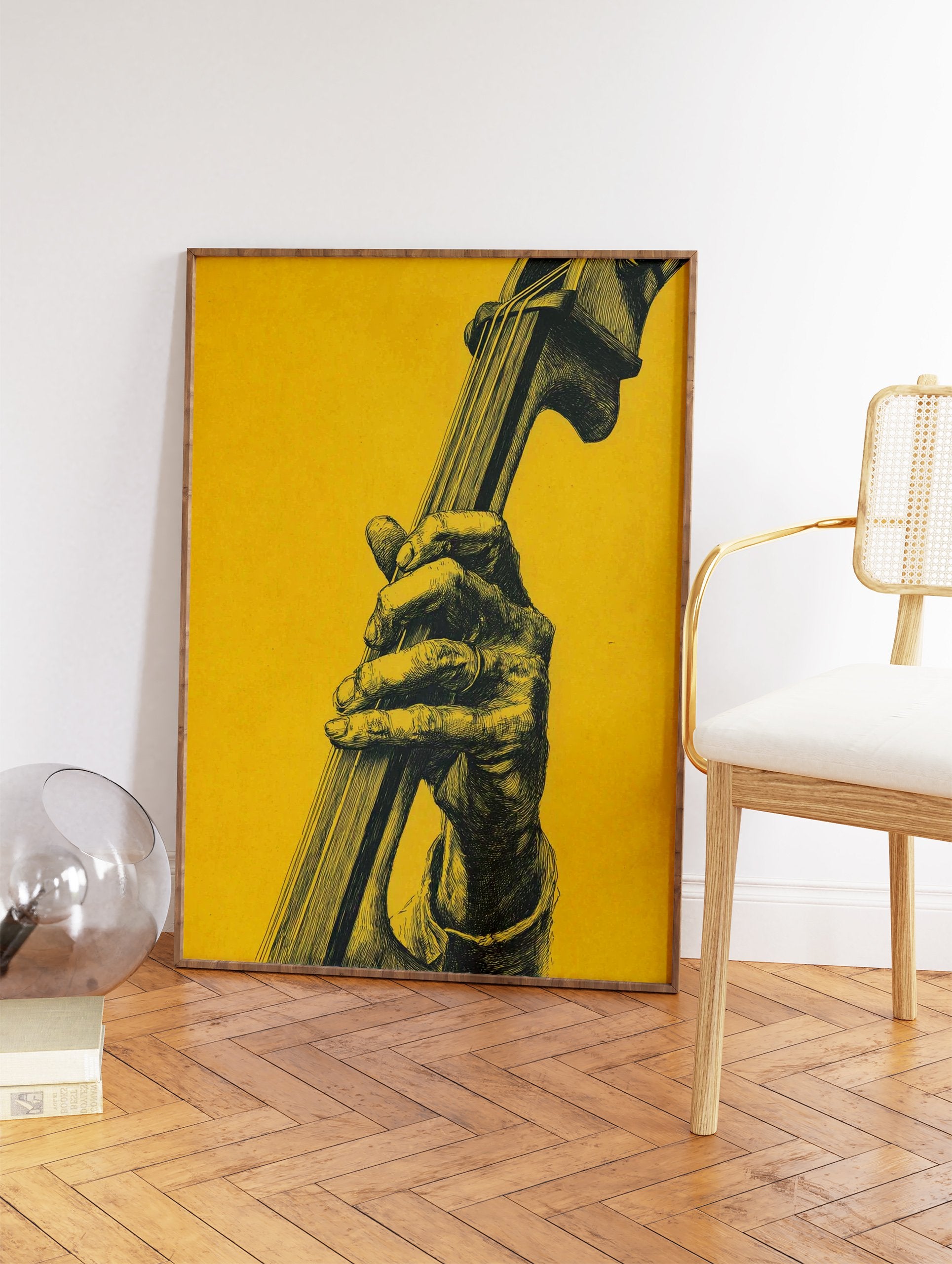 Detailed illustration of a hand playing an upright bass against a vibrant yellow background. Music poster art. - Image 2