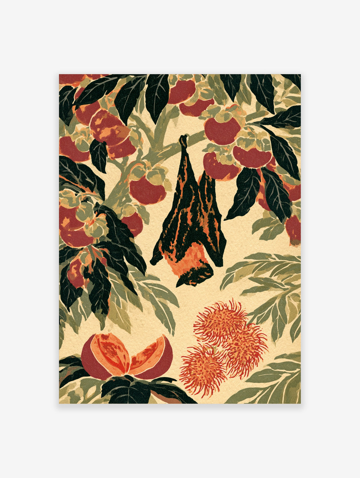 Hanging bat with orange wings among red peaches and rambutan fruit on beige background