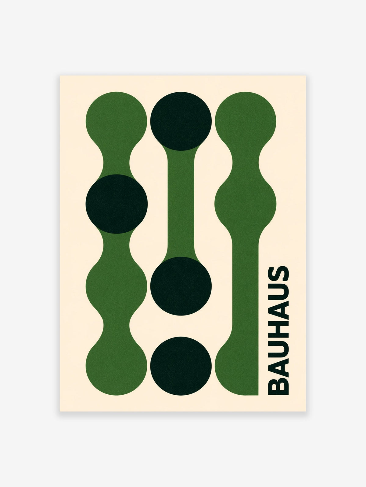 Bauhaus abstract art print with dark green and black circles on a cream background, vertical geometric composition