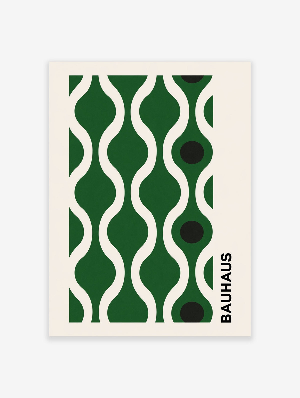 Bauhaus abstract art print with green wavy lines and black dots on a cream background