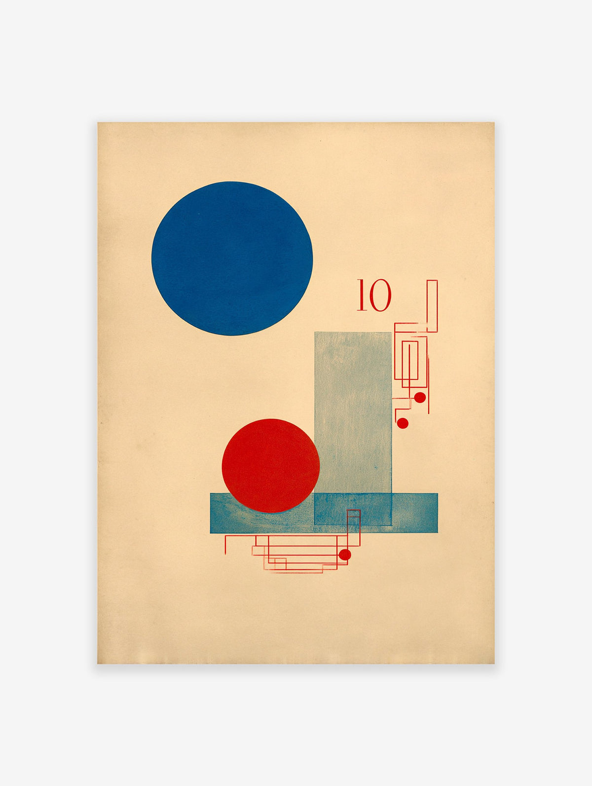 Bauhaus abstract poster featuring a large blue circle, red circle, blue rectangles, red geometric lines, and the number 10.