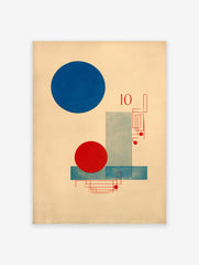 Bauhaus abstract poster featuring a large blue circle, red circle, blue rectangles, red geometric lines, and the number 10.
