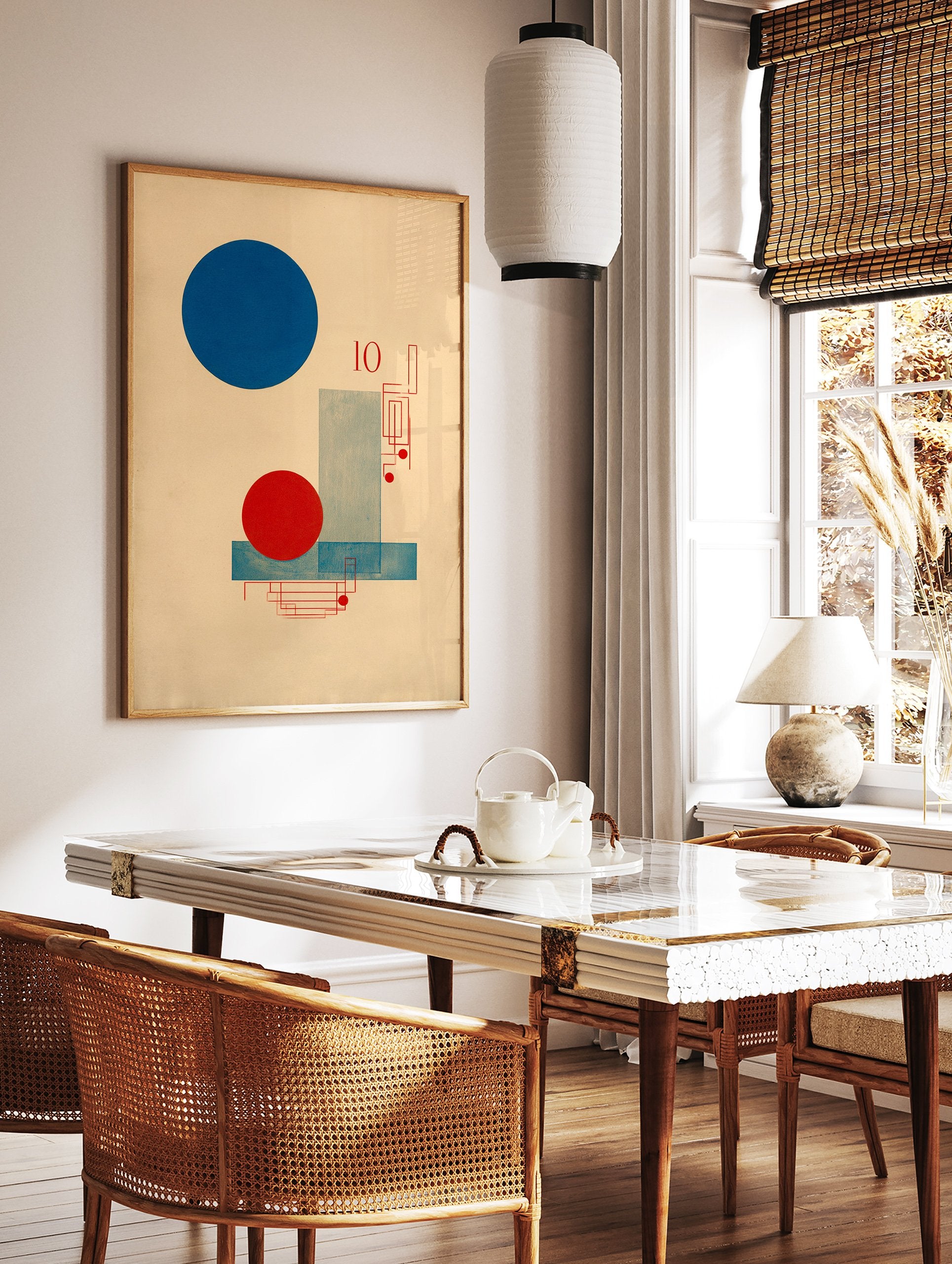 Bauhaus abstract poster featuring a large blue circle, red circle, blue rectangles, red geometric lines, and the number 10. - Image 2