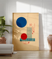 Bauhaus abstract poster featuring a large blue circle, red circle, blue rectangles, red geometric lines, and the number 10. - Image 3