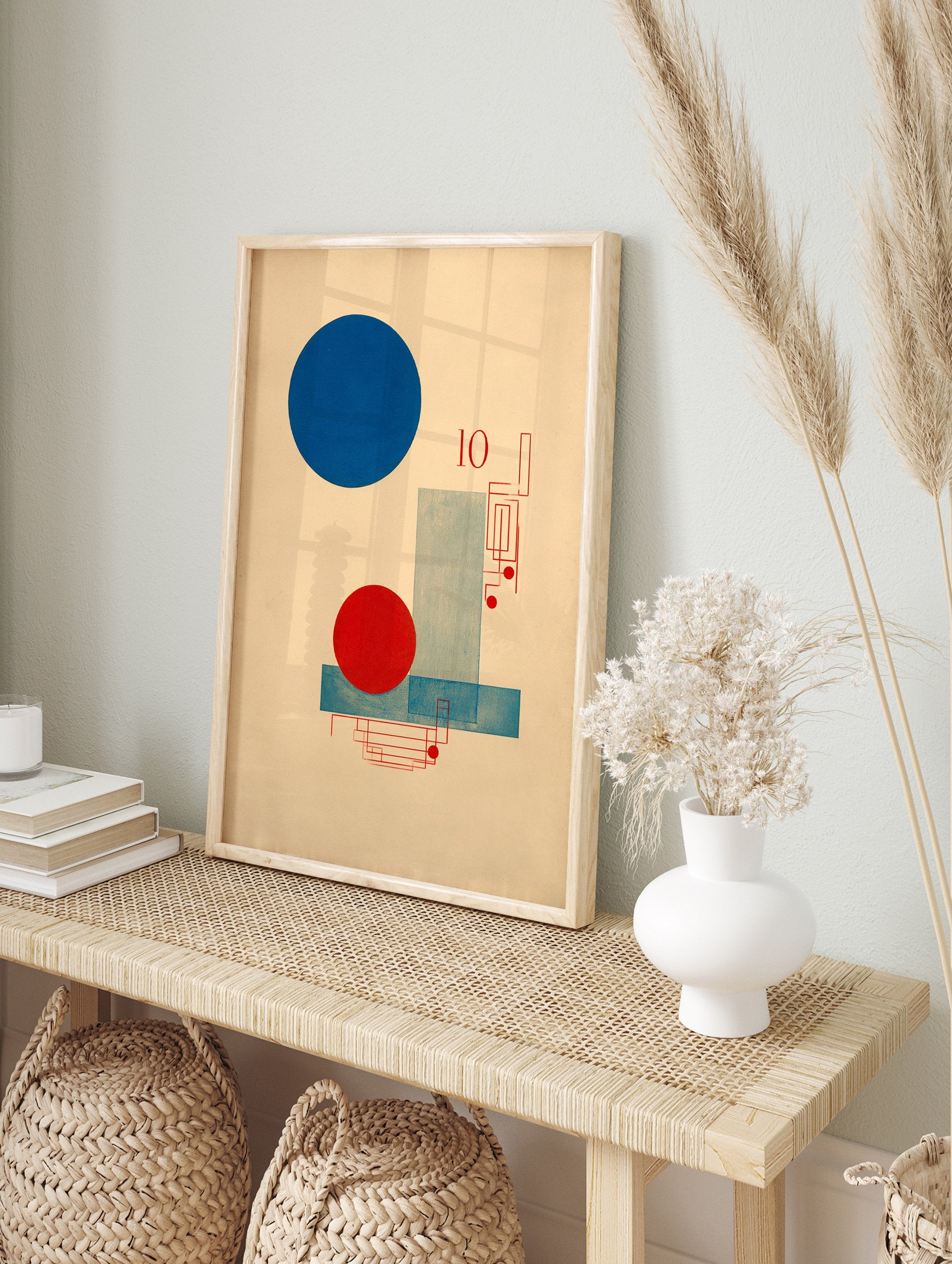 Bauhaus abstract poster featuring a large blue circle, red circle, blue rectangles, red geometric lines, and the number 10. - Image 4