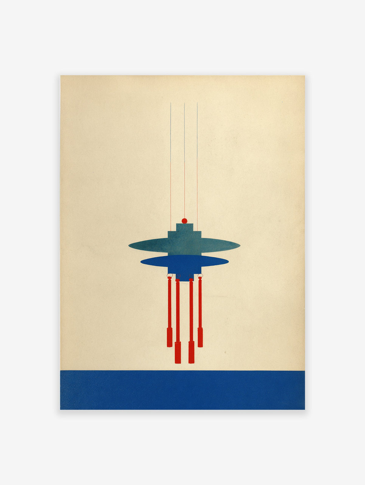 Bauhaus abstract geometric art print with blue and red shapes resembling a hanging structure on a light background.