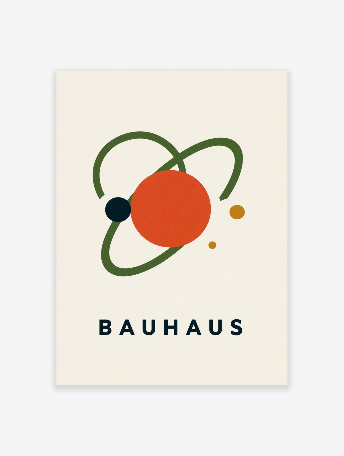 Bauhaus atomic poster with geometric orange and blue circles and green orbital lines on a cream background