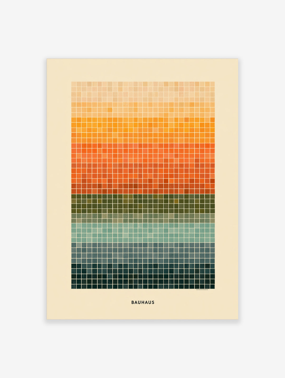 Bauhaus colour grid poster with orange, green, teal and navy squares and bold BAUHAUS text