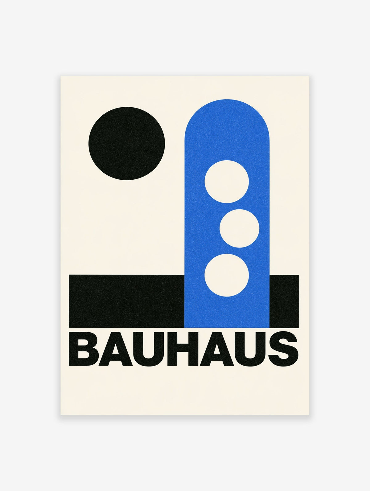 Bauhaus poster with blue arch, white circles, and black shapes on off-white background with bold typography