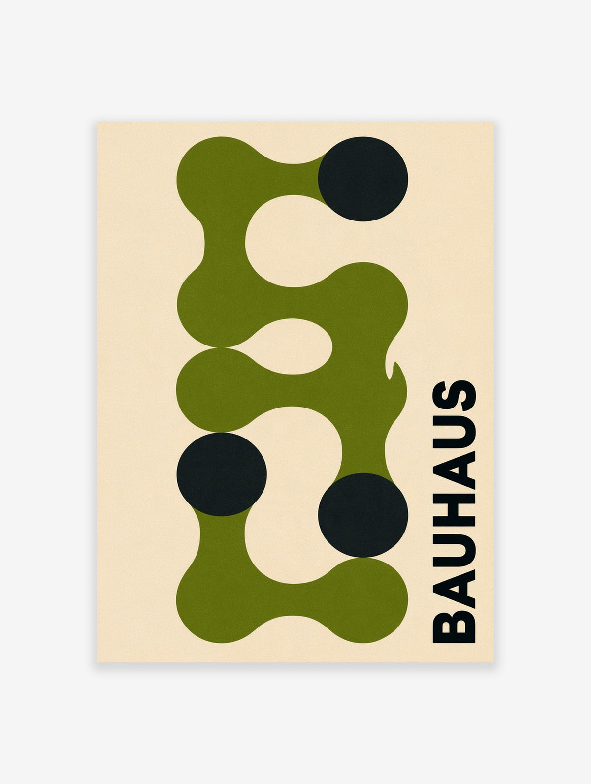Bauhaus poster with abstract olive green shapes and black circles on a neutral background with vertical BAUHAUS text