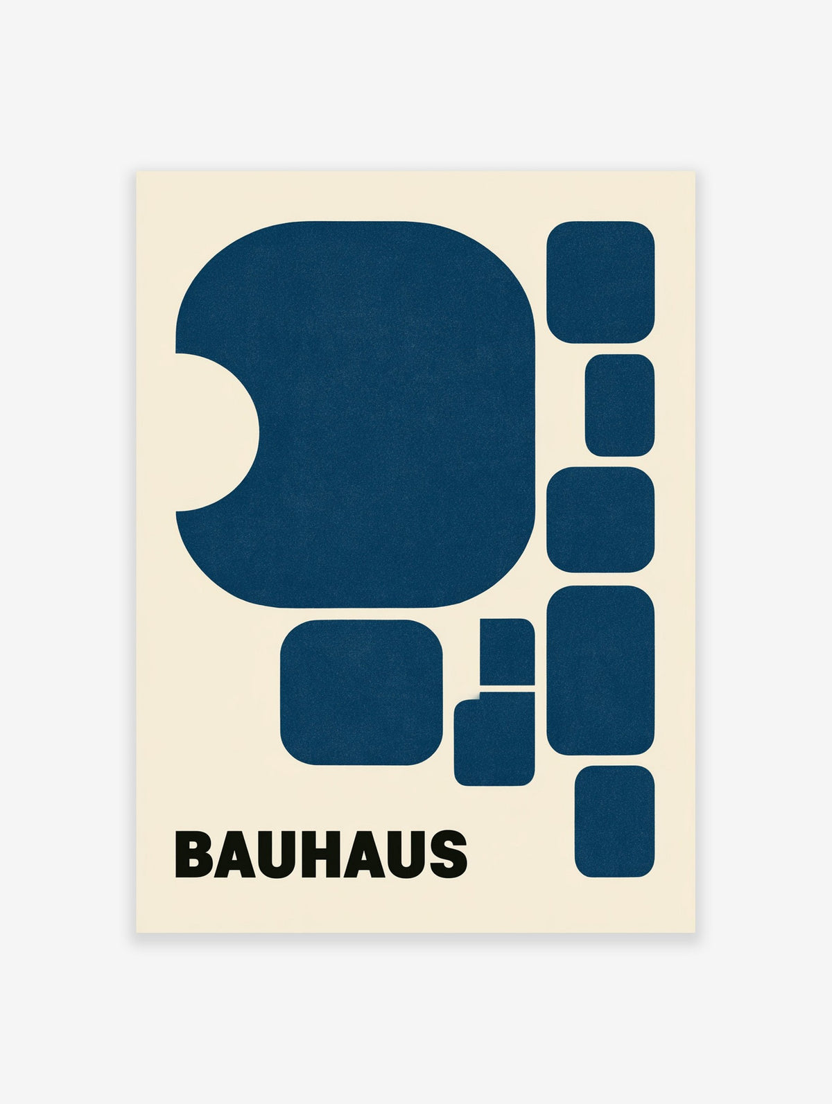 Bauhaus poster with blue geometric shapes and bold black text on an off-white background