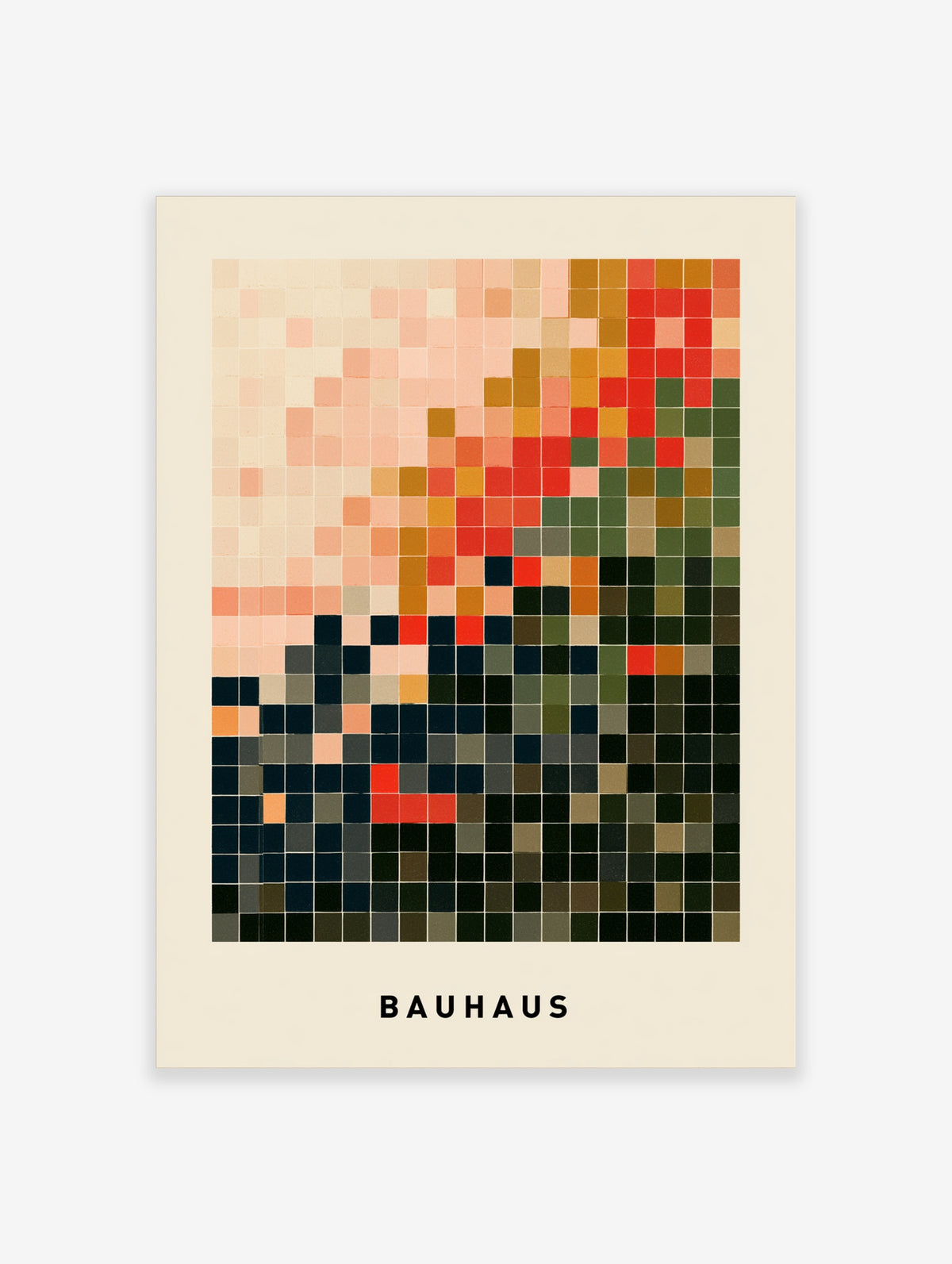 Bauhaus poster with geometric grid of coloured squares fading from pink to green and bold BAUHAUS text