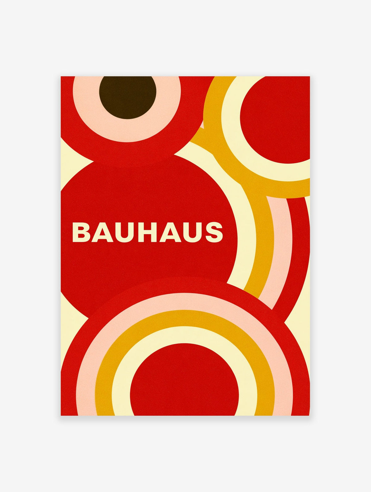 Bauhaus poster with geometric red and orange circles and modern typography on a cream background