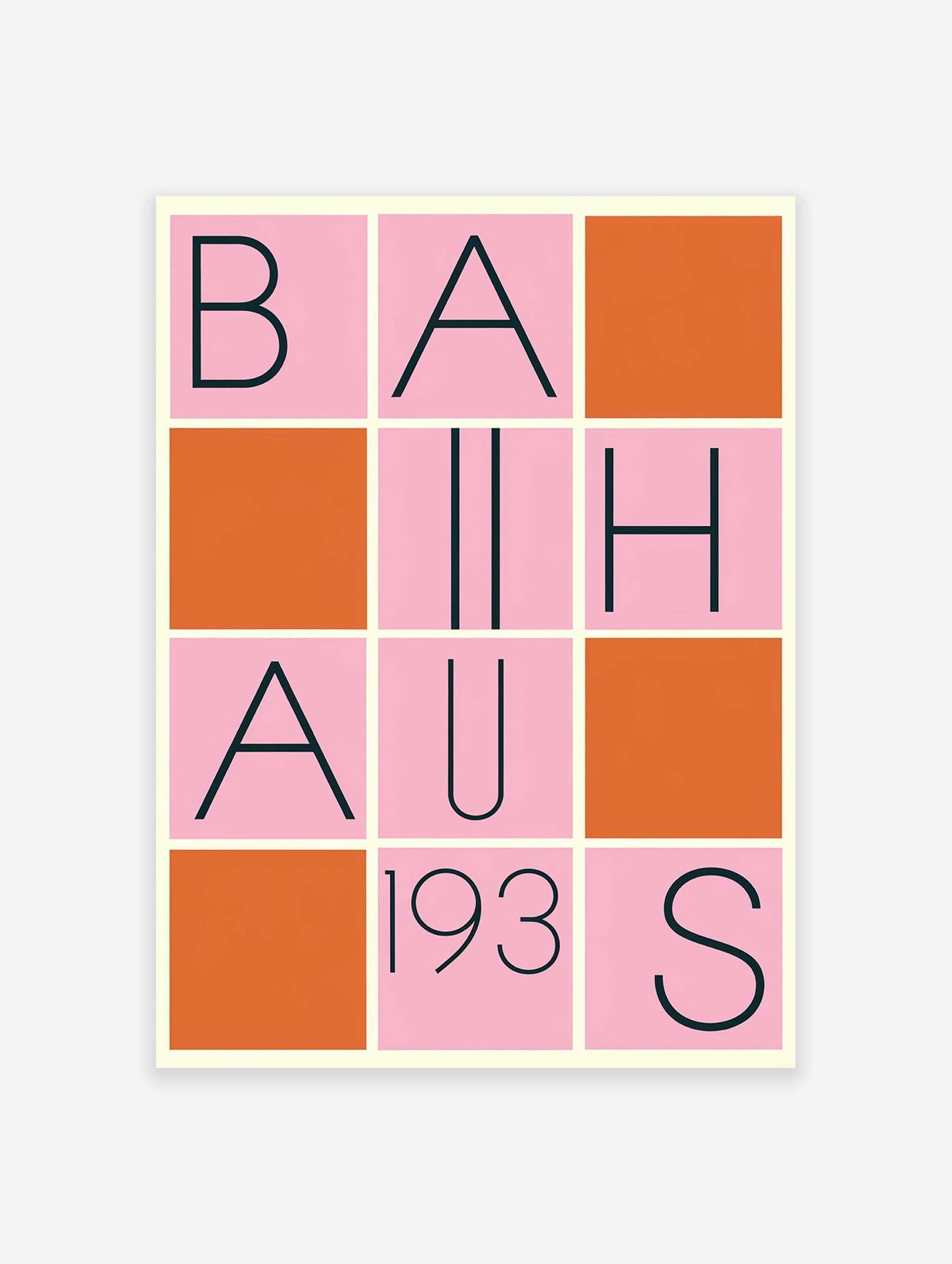 Bauhaus poster with a grid design featuring black letters spelling 'BAUHAUS 193S' on pink squares, interspersed with solid orange squares.