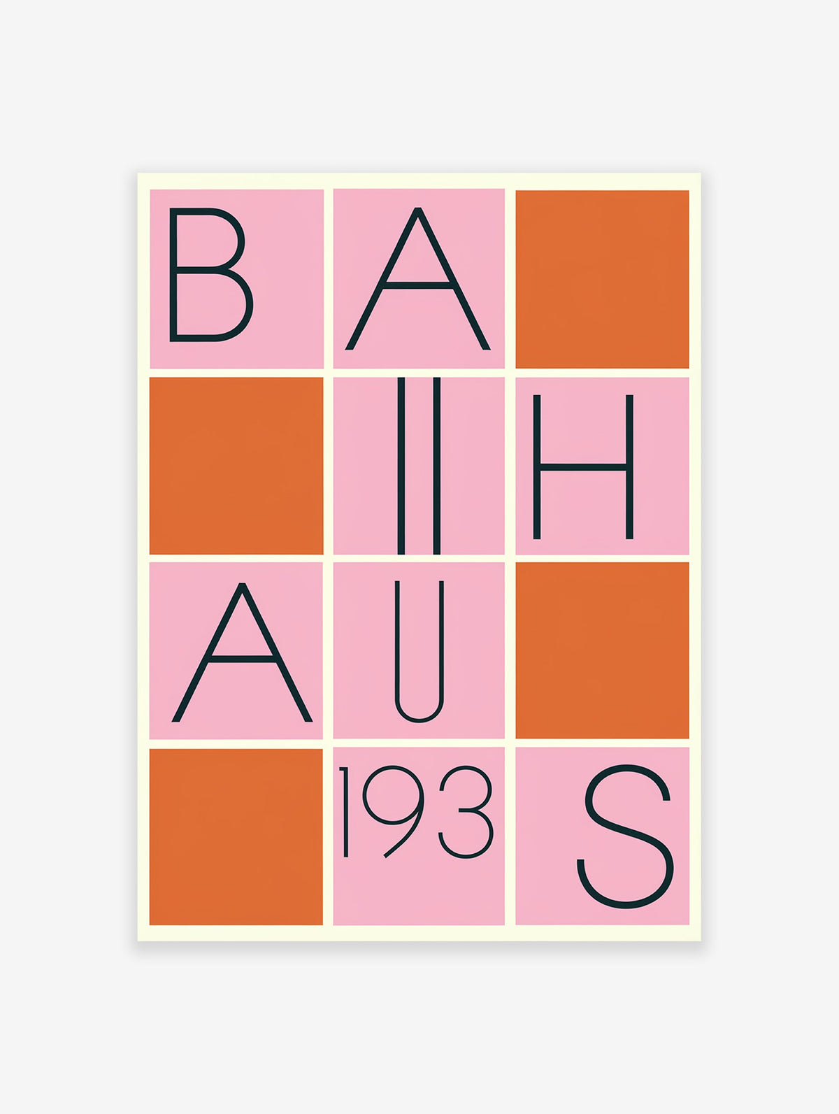 Bauhaus poster with a grid design featuring black letters spelling 'BAUHAUS 193S' on pink squares, interspersed with solid orange squares.