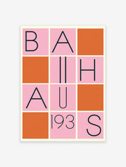 Bauhaus poster with a grid design featuring black letters spelling 'BAUHAUS 193S' on pink squares, interspersed with solid orange squares.