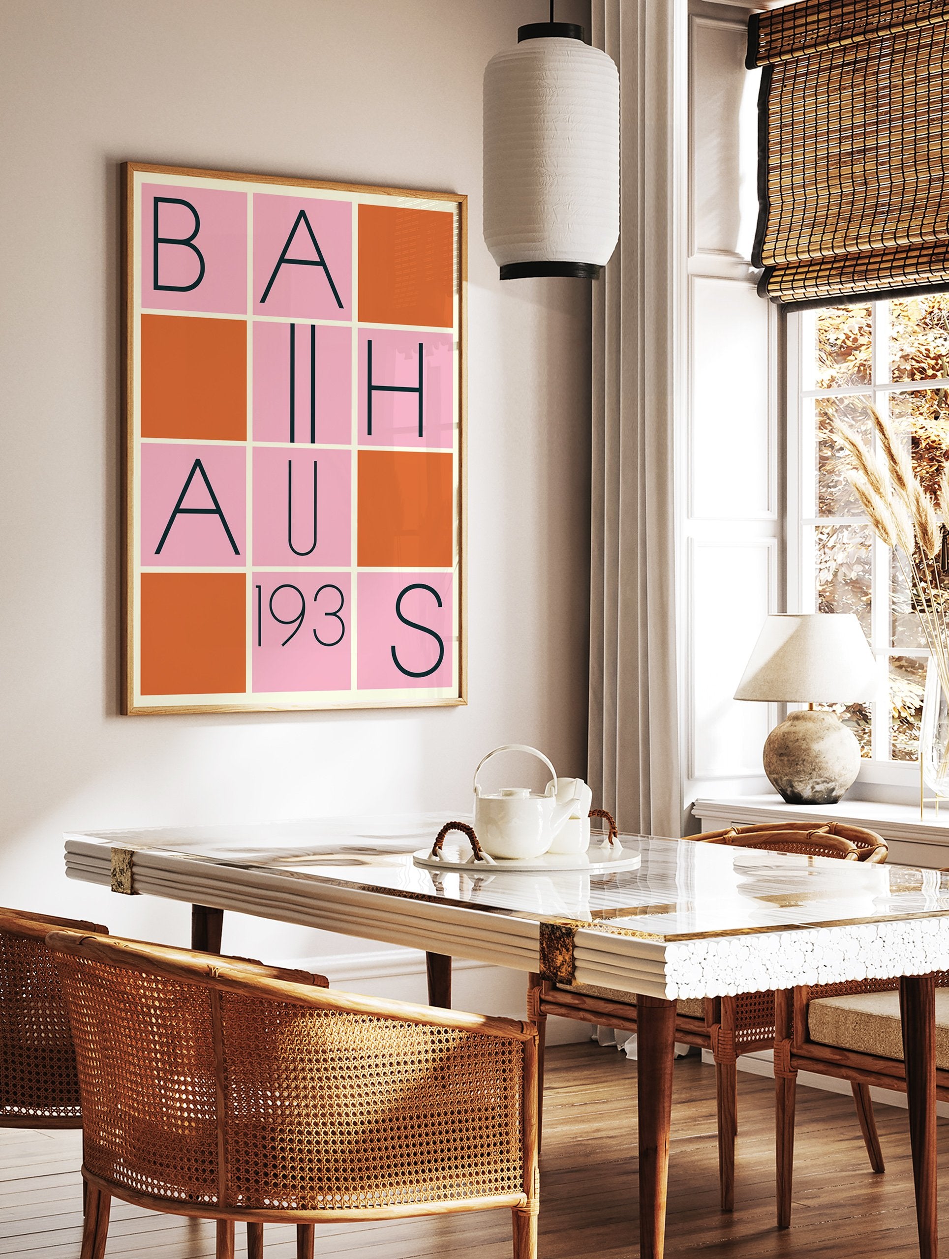 Bauhaus poster with a grid design featuring black letters spelling 'BAUHAUS 193S' on pink squares, interspersed with solid orange squares. - Image 2