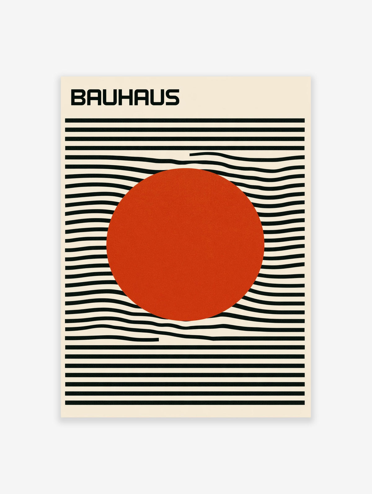 Bauhaus poster with a large red circle over horizontal black lines on a cream background, minimalist graphic art print