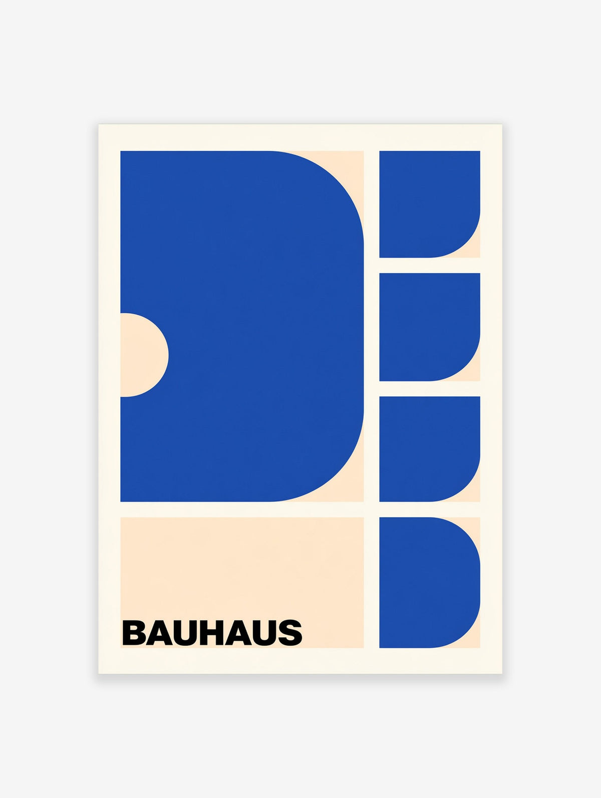 Bauhaus wall art featuring geometric blue shapes and black typography on a beige background