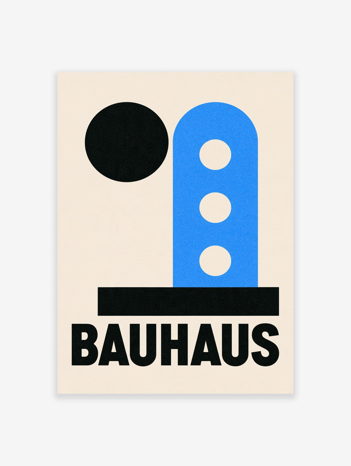 Bauhaus wall art with a black circle and blue geometric arch with circular cutouts on a cream background