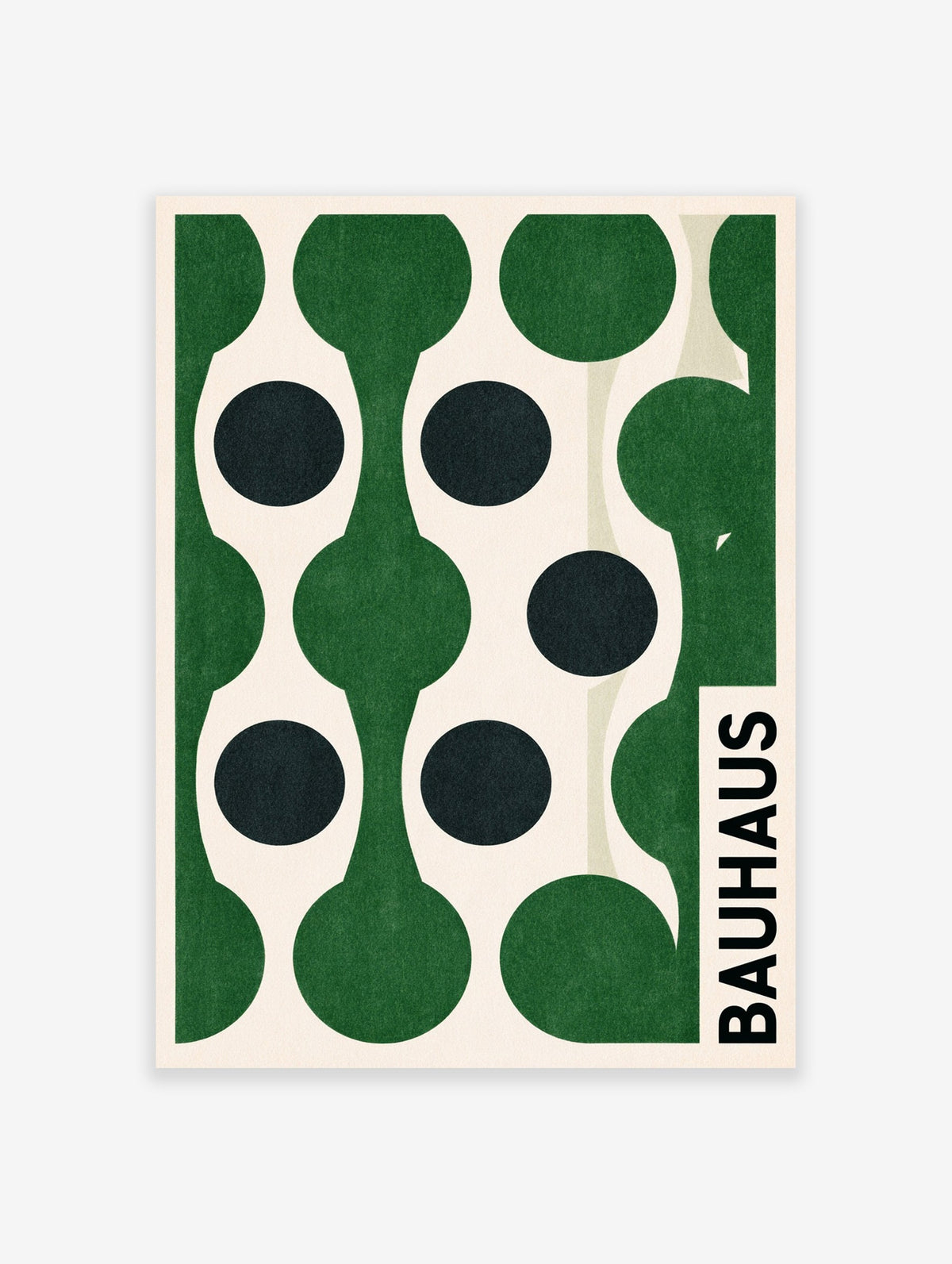 Bauhaus wall art featuring green organic shapes and black circles with vertical text on a neutral background