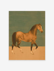 Illustrative bay horse walking in profile against a two-tone teal and beige background art print