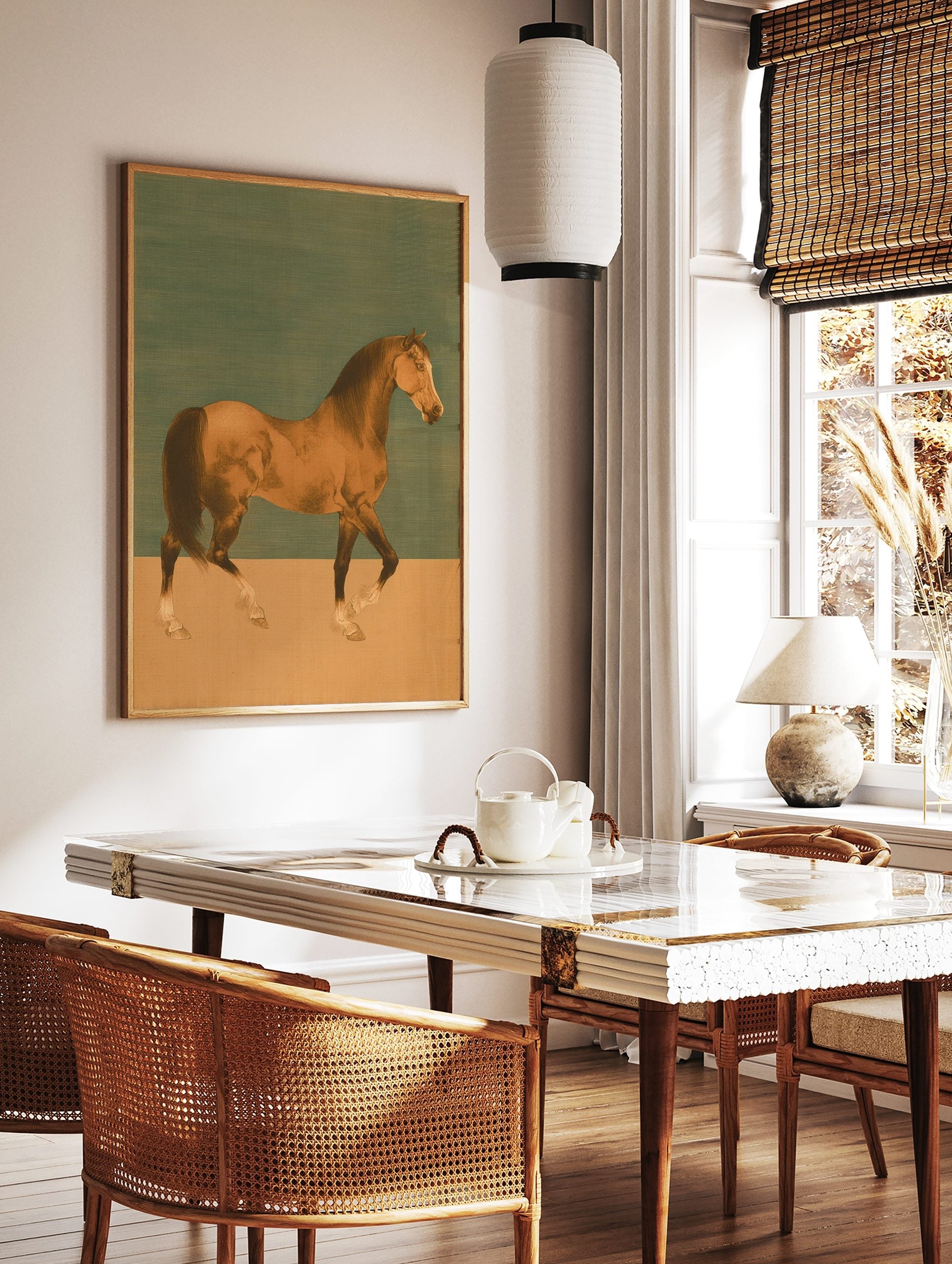 Illustrative bay horse walking in profile against a two-tone teal and beige background art print, in a styled room mockup
