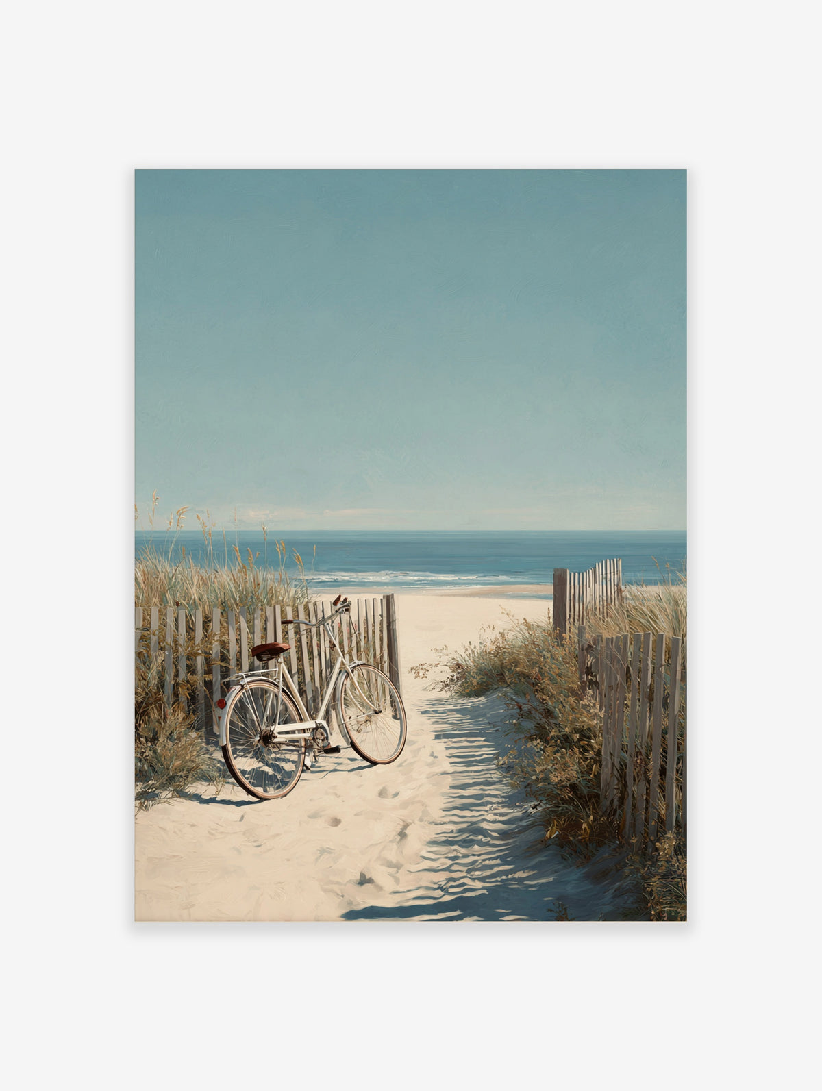 White bicycle leaning on wooden fence on sandy beach path with ocean and sky