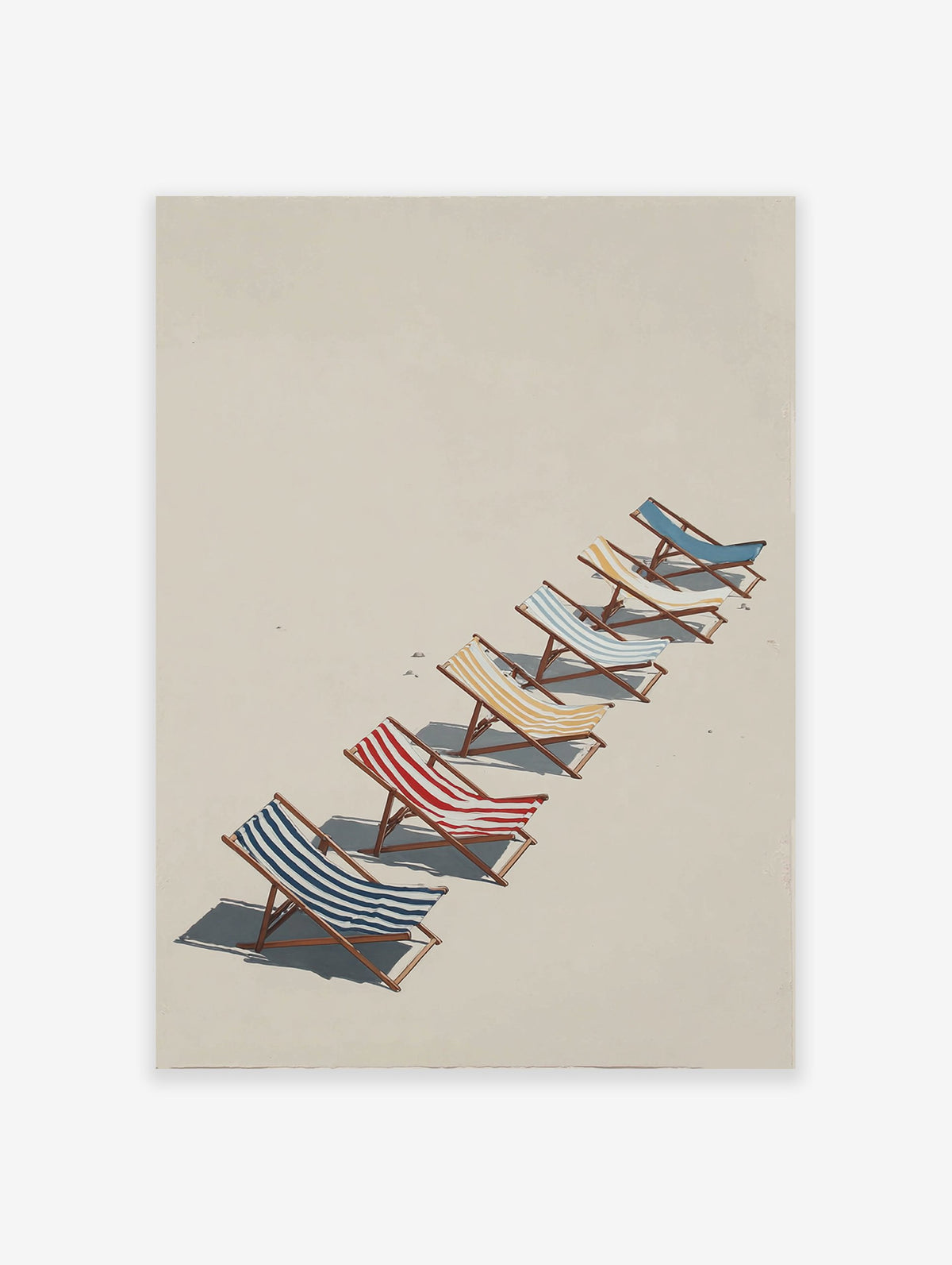 Beach chairs poster with blue, red, and yellow striped chairs lined up on a beige sandy beach under sunlight.