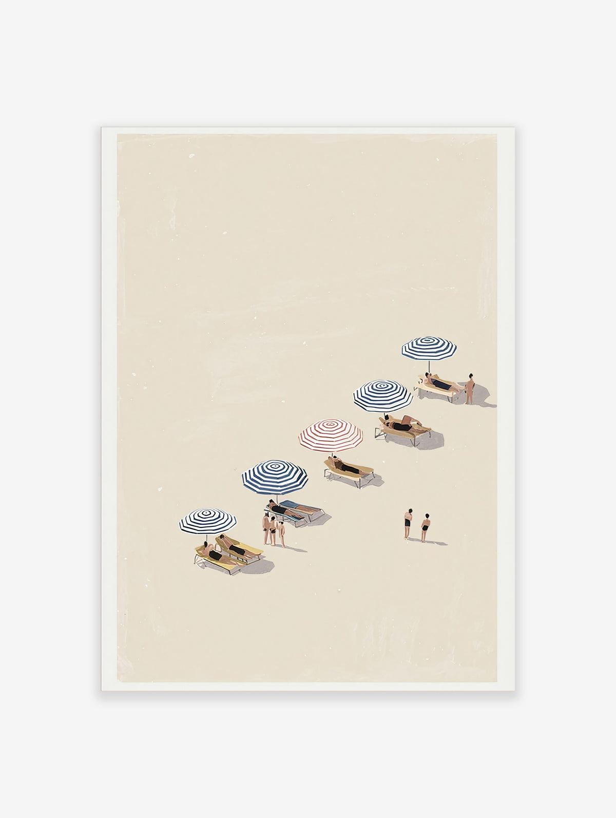 Illustrative beach day wall art with people relaxing under blue and red striped umbrellas on a sandy shore.