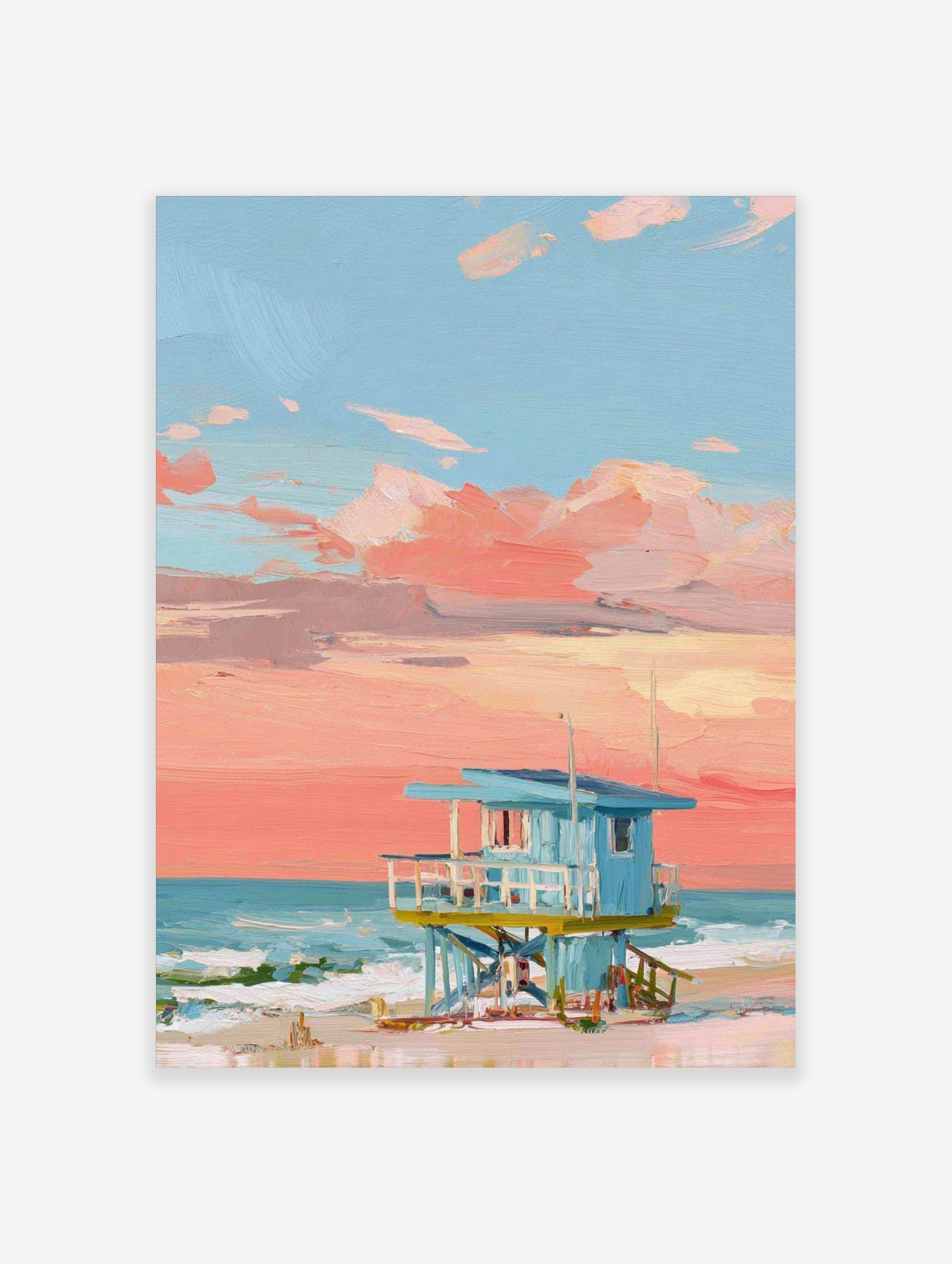 Painted lifeguard hut on a beach with a coral pink and blue sunset sky and ocean waves
