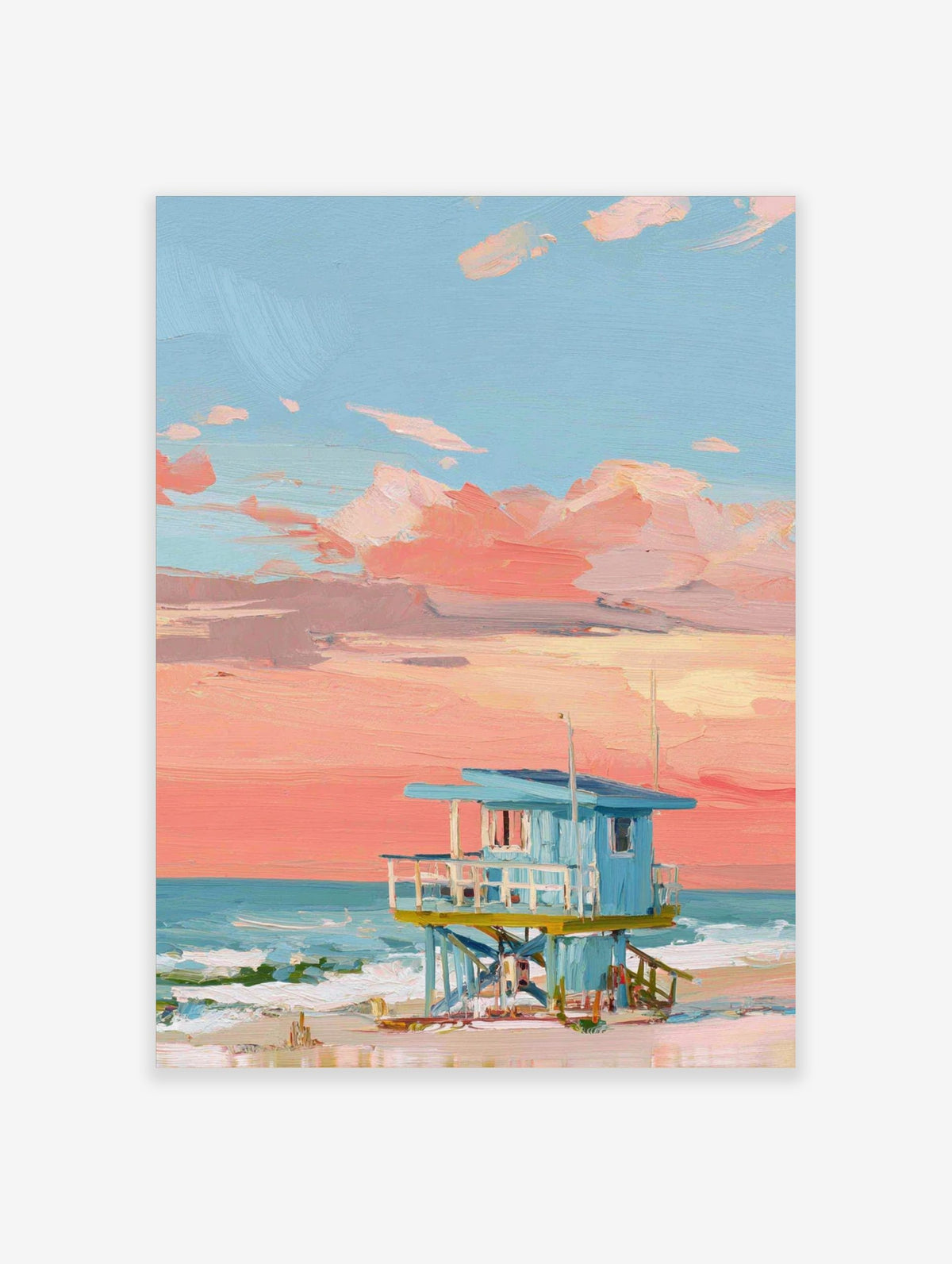 Painted lifeguard hut on a beach with a coral pink and blue sunset sky and ocean waves