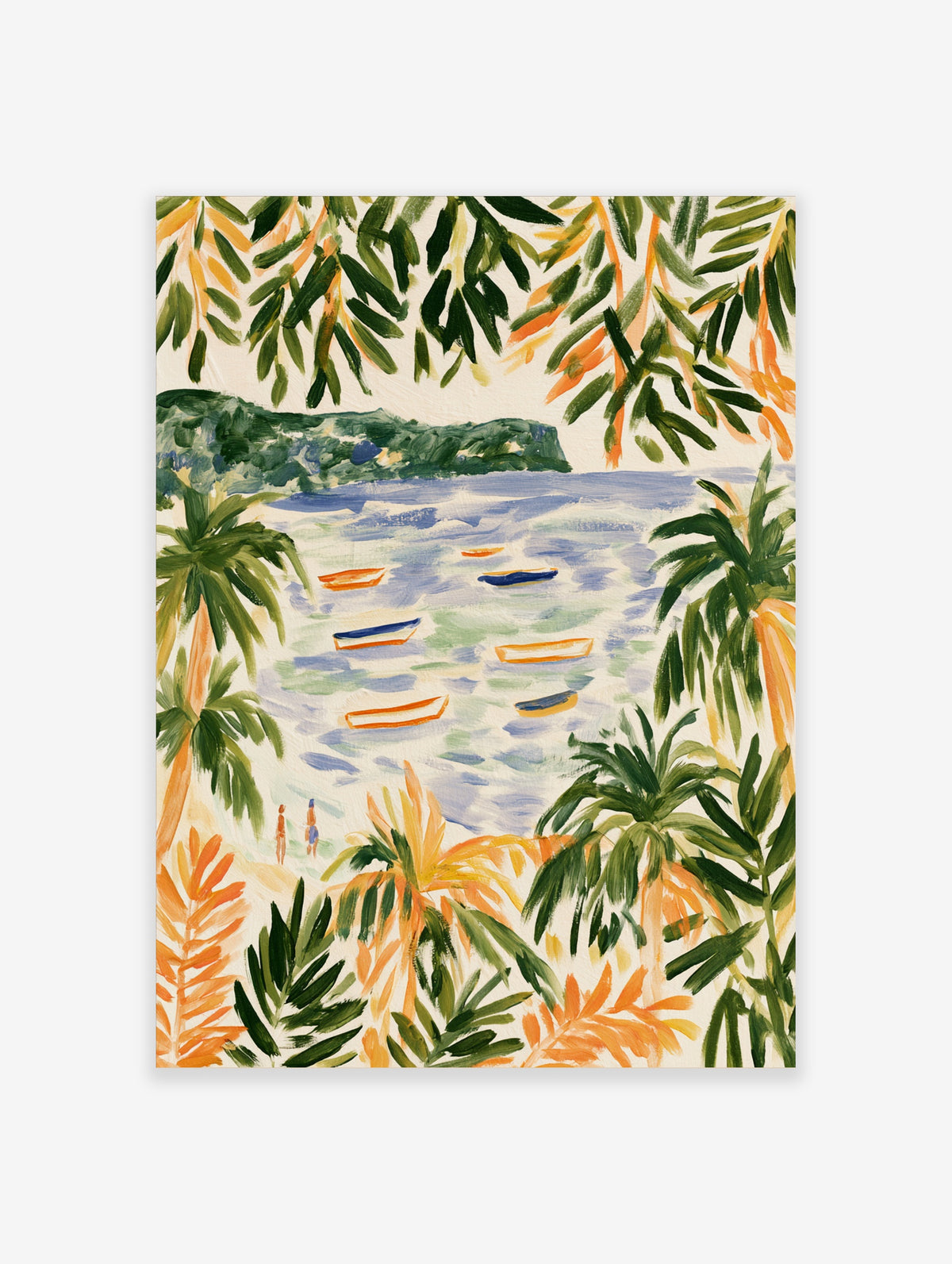 Coastal beach scene with palm trees, boats on water, and distant hills, illustrative art print