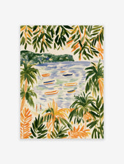 Coastal beach scene with palm trees, boats on water, and distant hills, illustrative art print
