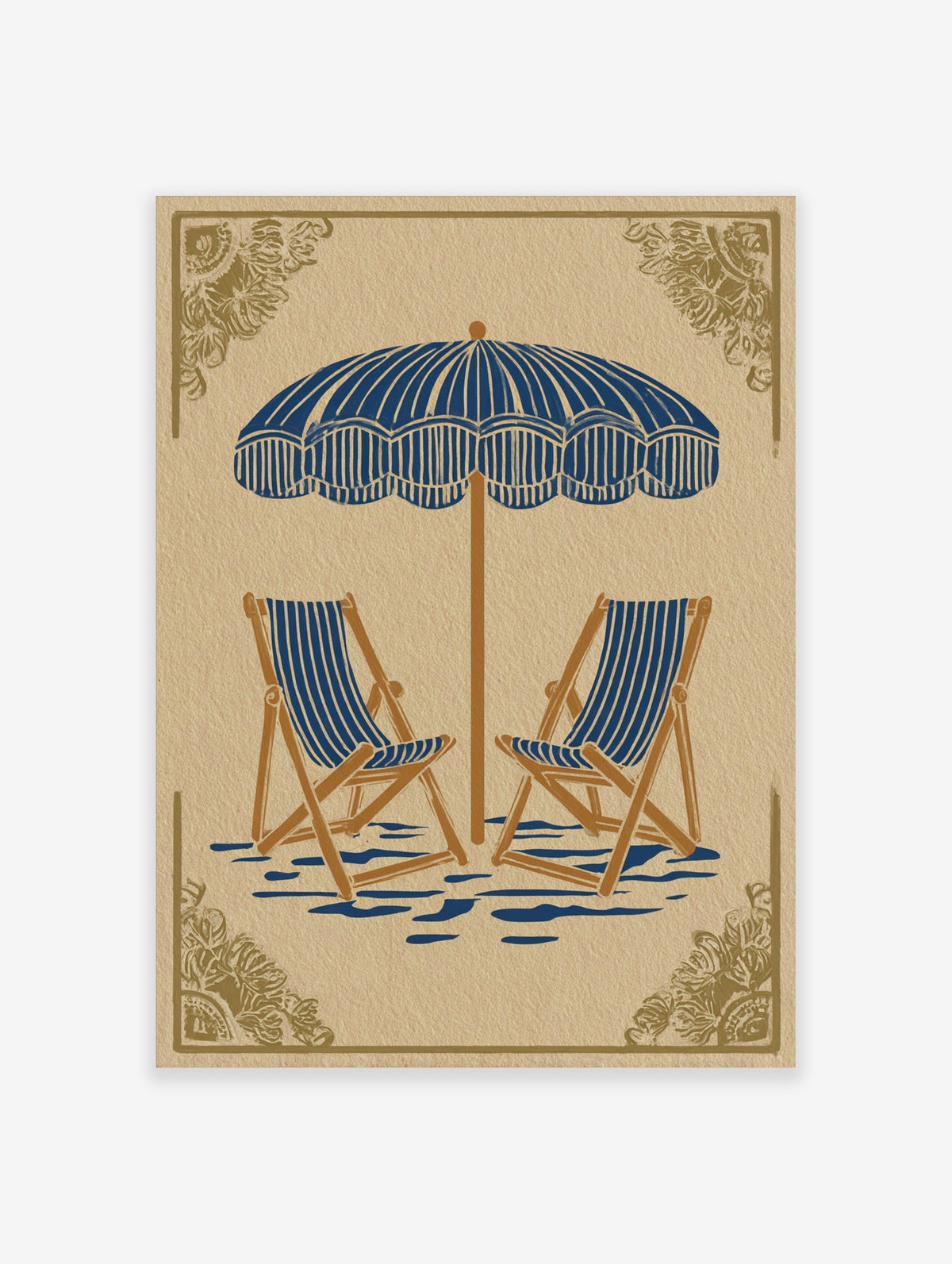 Illustrative beach scene art print with blue and white striped parasol and two deck chairs on beige background