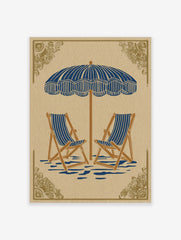 Illustrative beach scene art print with blue and white striped parasol and two deck chairs on beige background