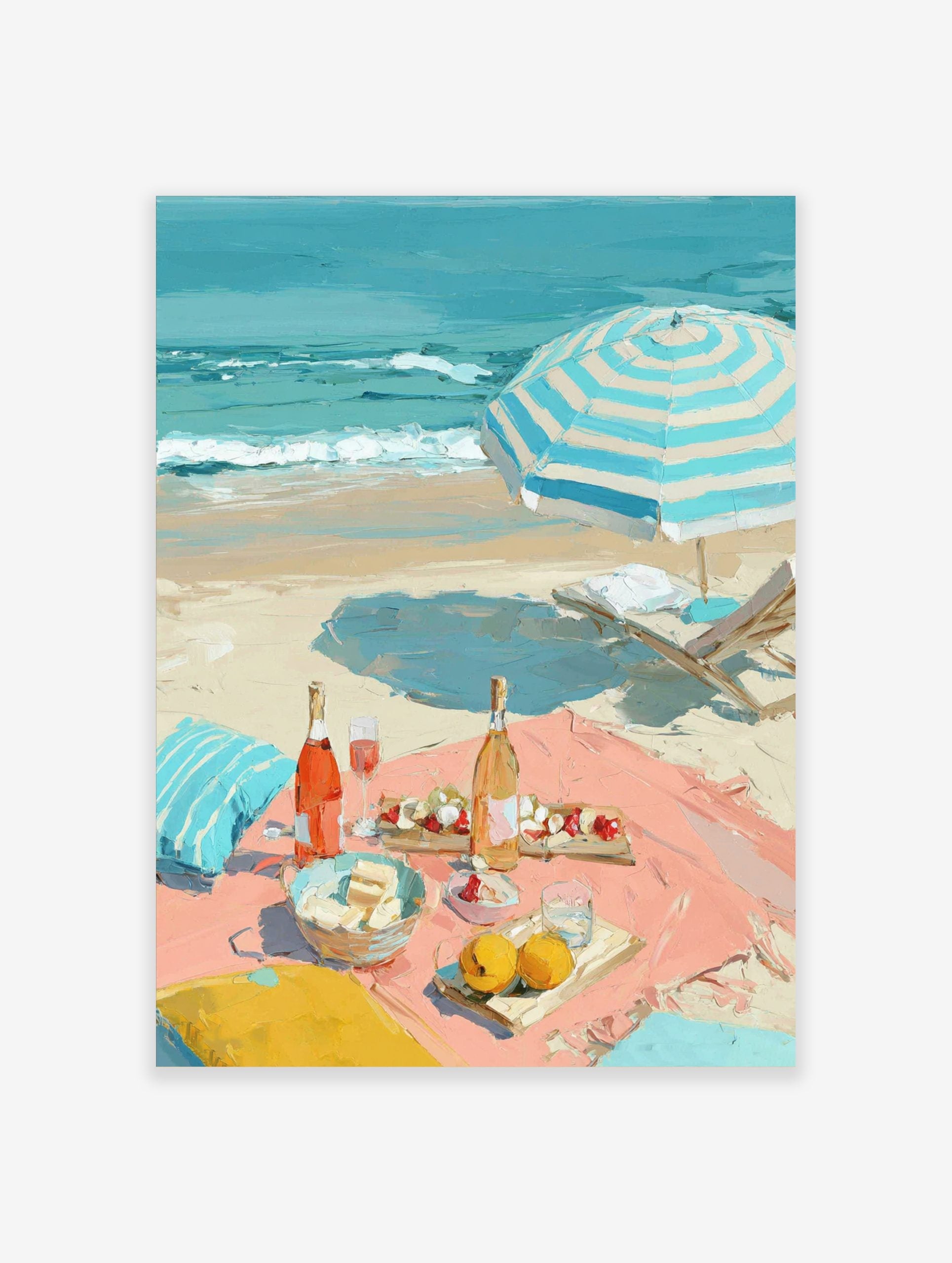 Impressionist painting of a beach picnic with rosé wine, fruit, a striped umbrella, and ocean waves