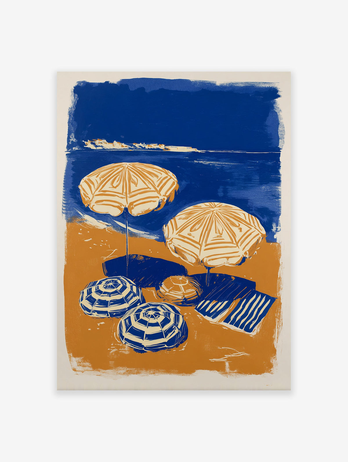Blue and orange beach scene poster with two open umbrellas, two closed umbrellas, and a striped towel on the sand next to the ocean.
