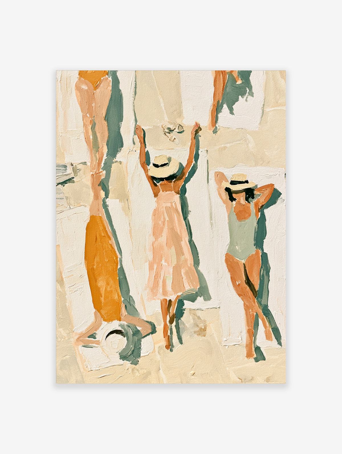 Beach scene art print with three figures in sun hats and summer clothing against a pale background