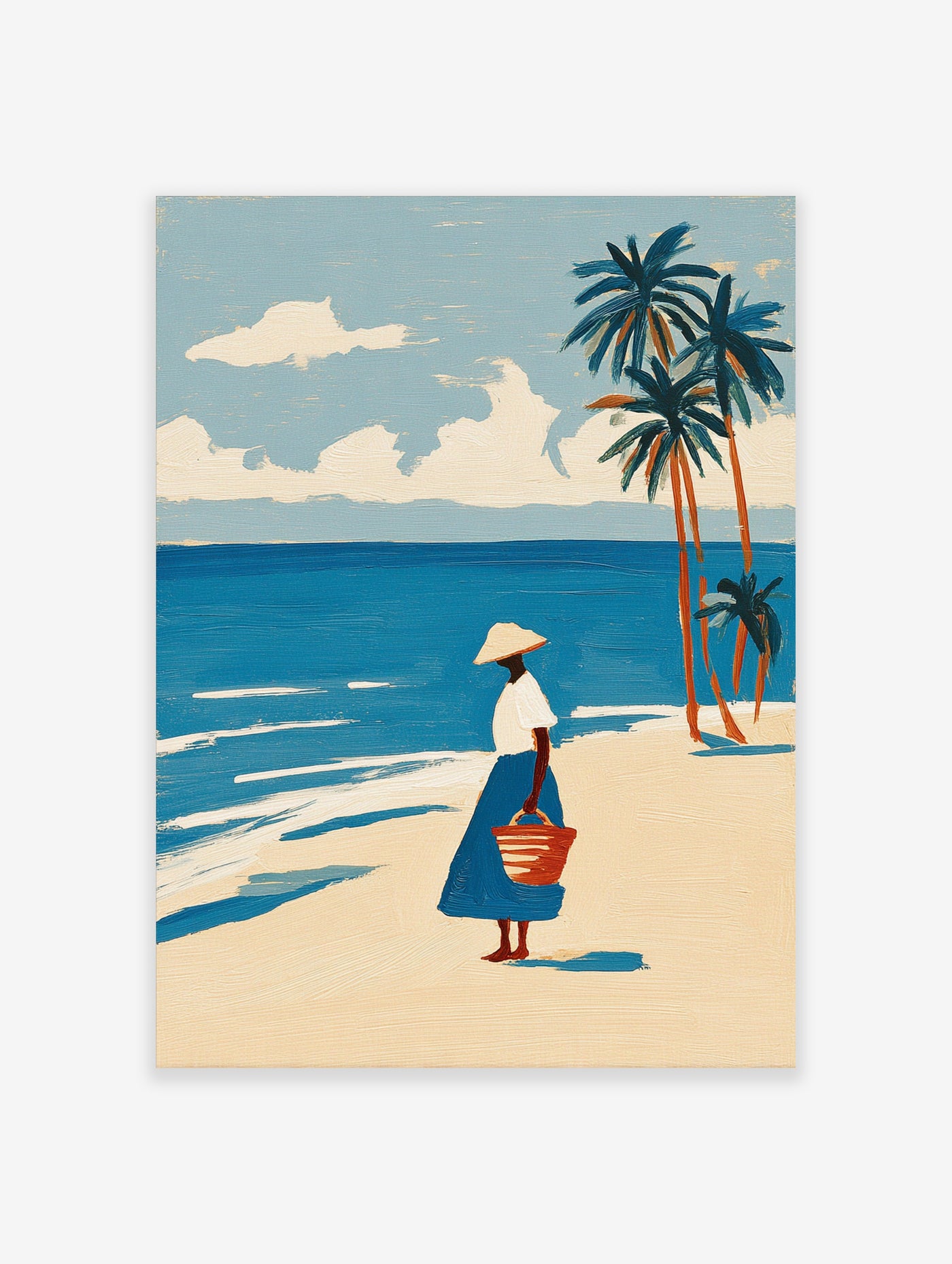 Beach scene print with woman in hat holding basket, palm trees, and blue sea