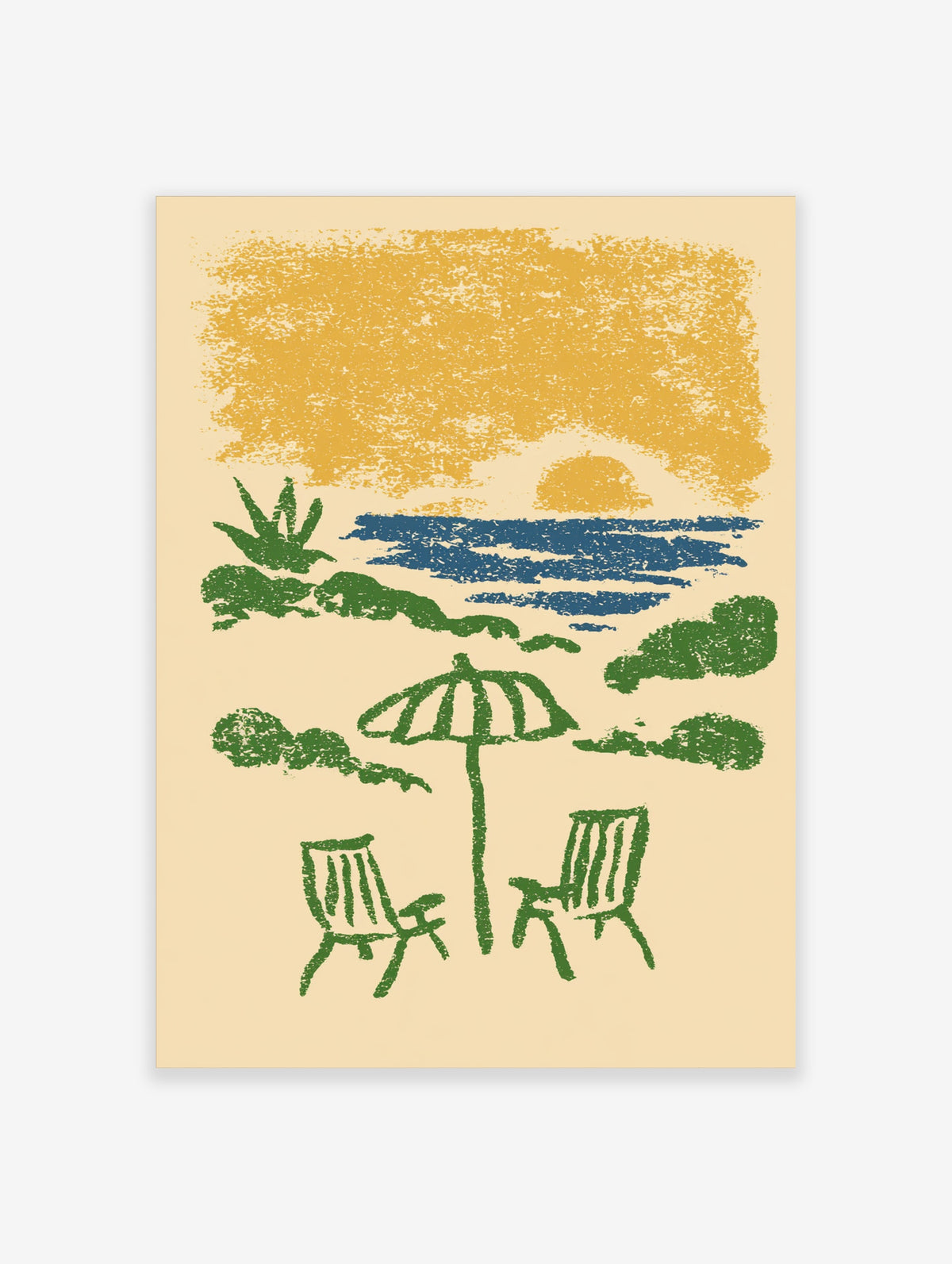 Beach sunset poster with green deck chairs, striped umbrella, blue sea, and yellow textured sky
