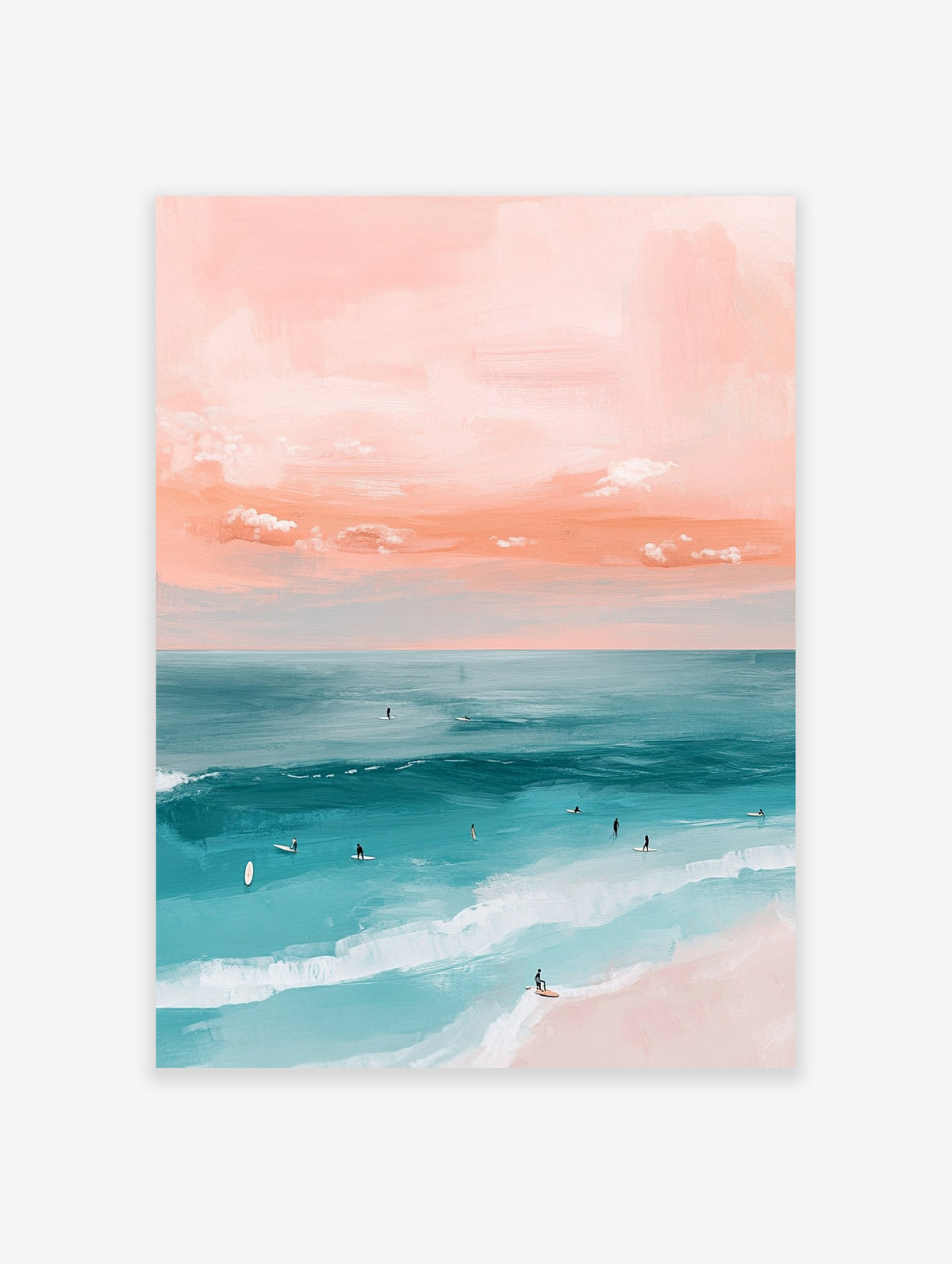 A beach surf art poster with a pink sky, blue ocean waves, and small figures of surfers in the water.