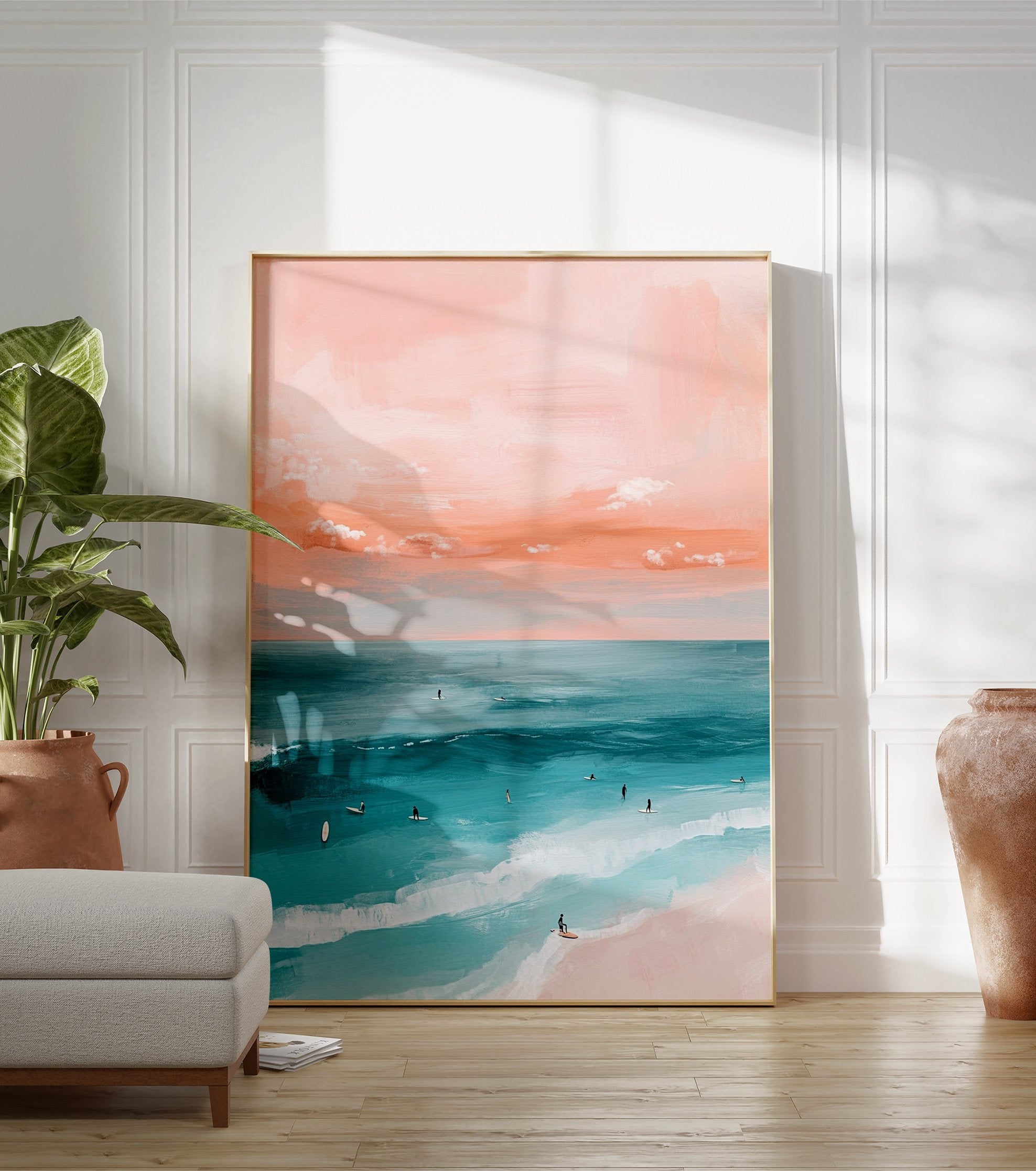 A beach surf art poster with a pink sky, blue ocean waves, and small figures of surfers in the water. - Image 3