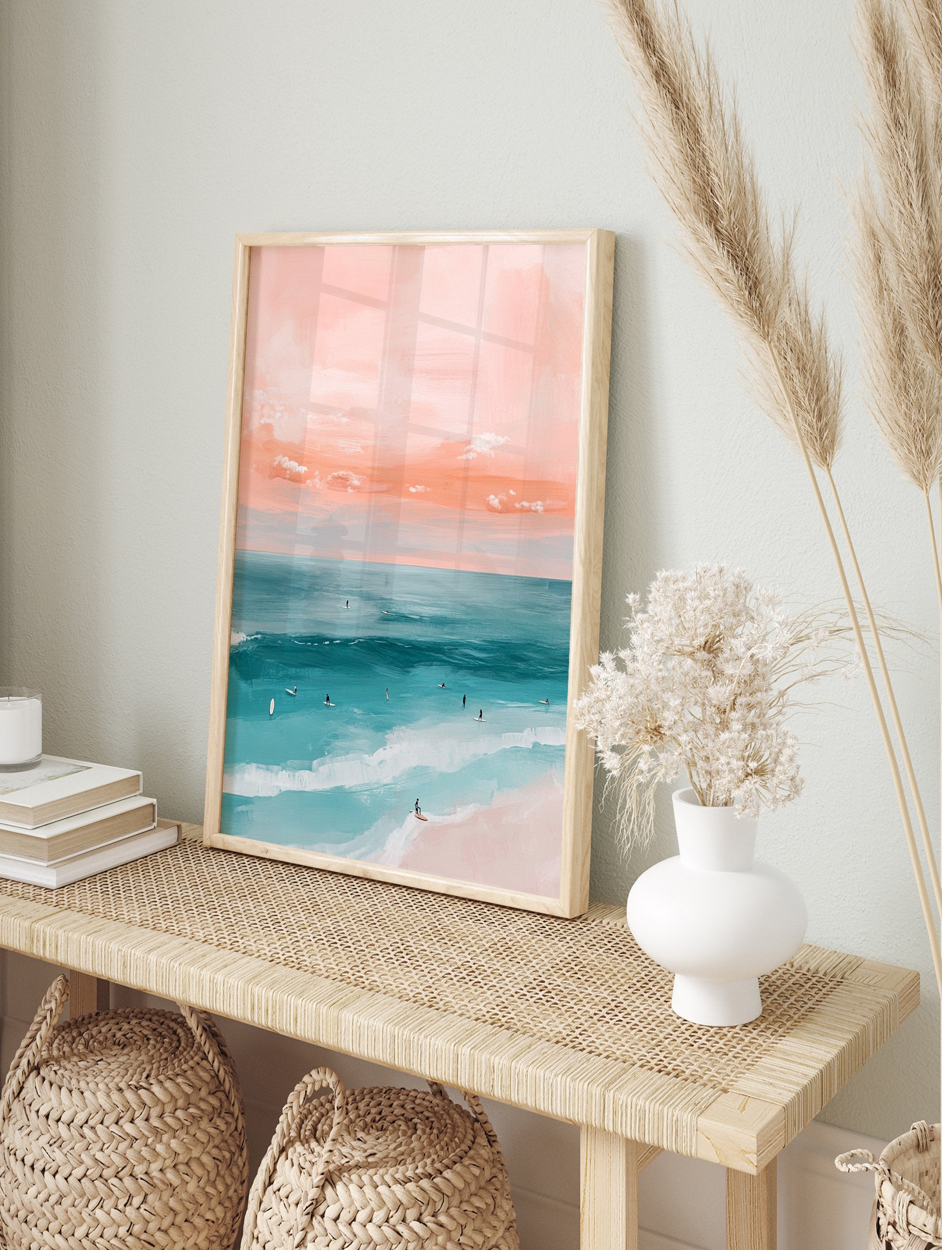 A beach surf art poster with a pink sky, blue ocean waves, and small figures of surfers in the water. - Image 4