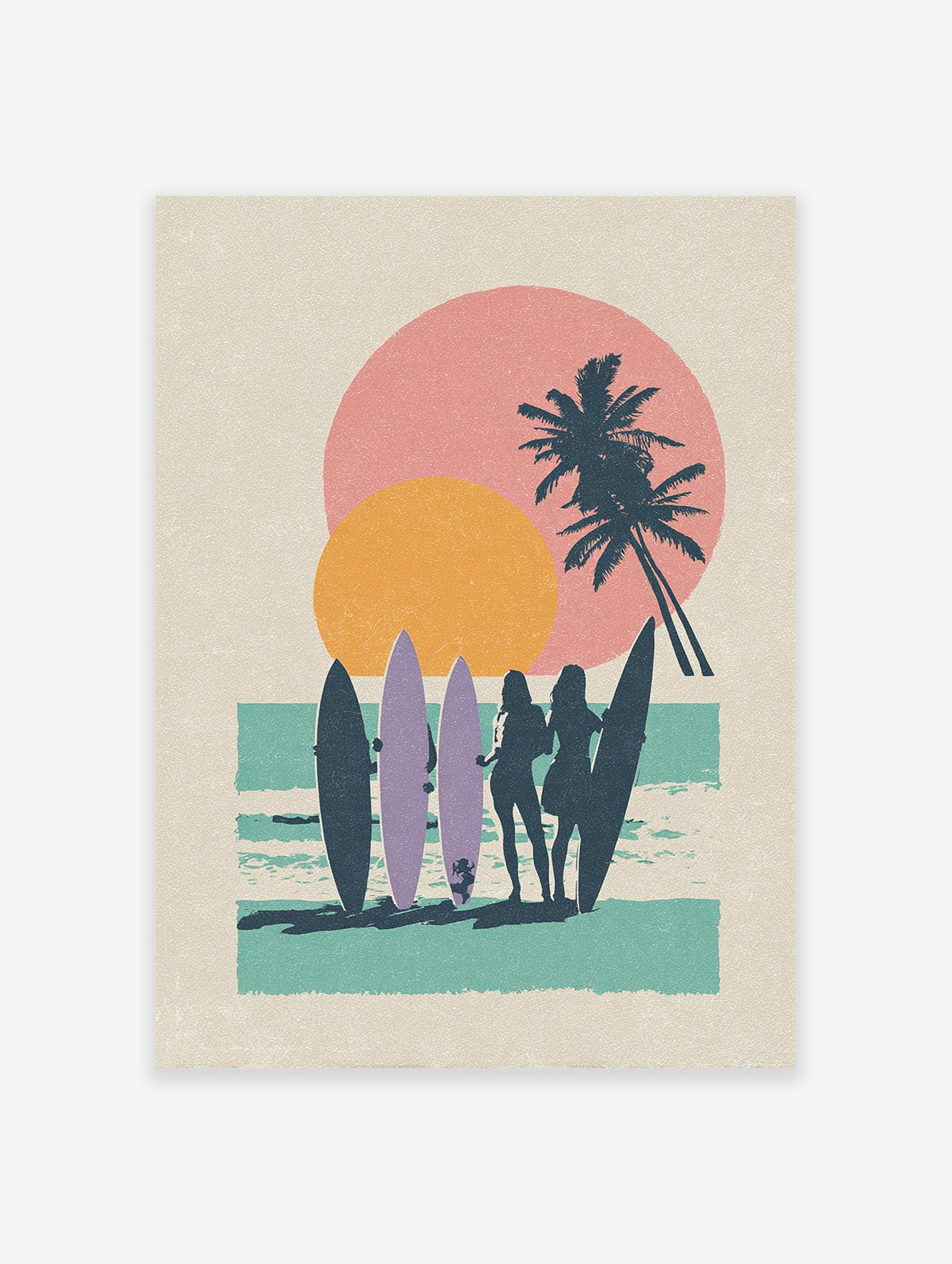 Retro beach surf poster with silhouettes of surfer girls, palm trees, and a pink and orange sunset over turquoise water.