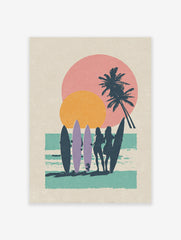 Retro beach surf poster with silhouettes of surfer girls, palm trees, and a pink and orange sunset over turquoise water.