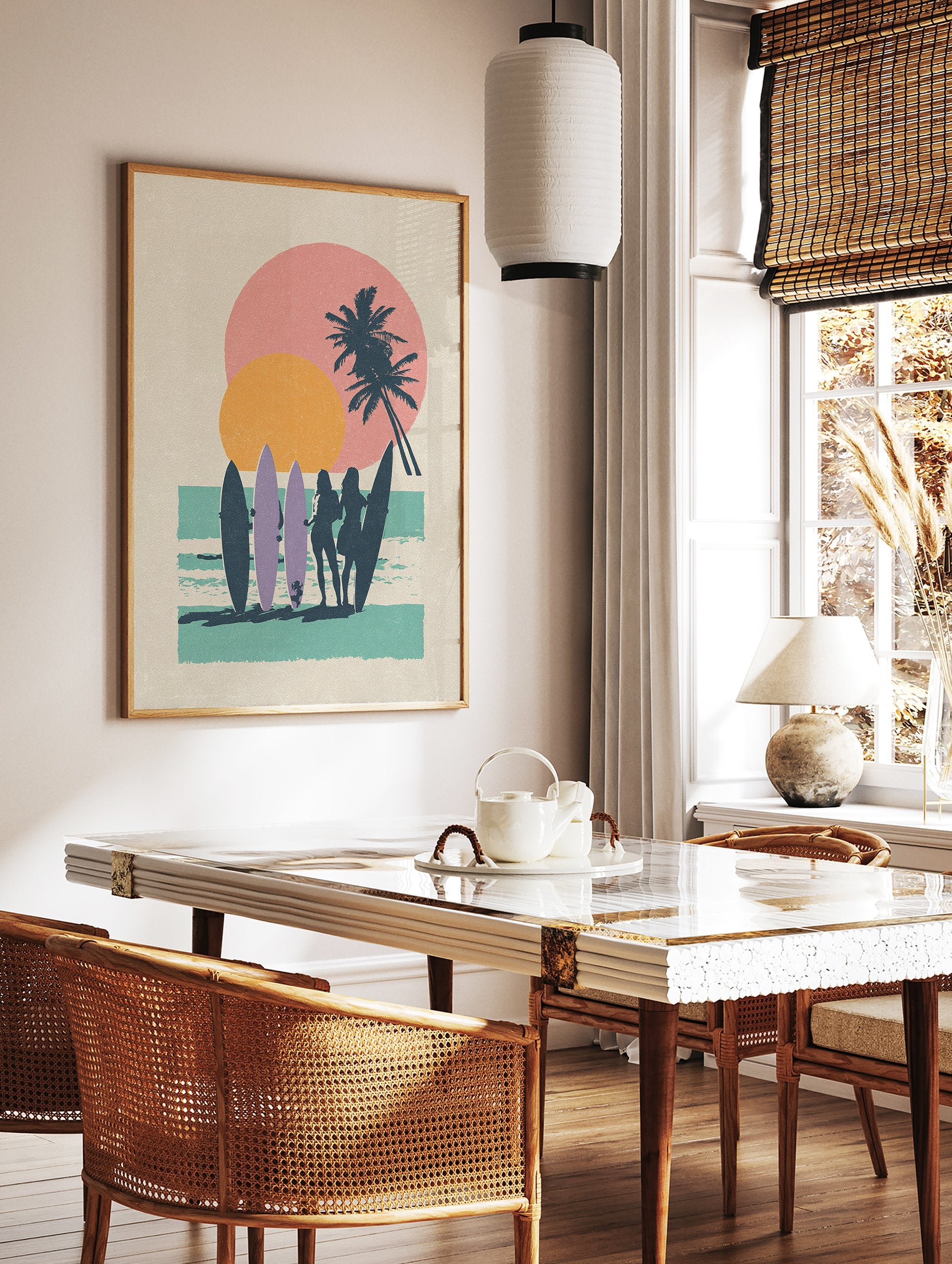 Retro beach surf poster with silhouettes of surfer girls, palm trees, and a pink and orange sunset over turquoise water. - Image 2
