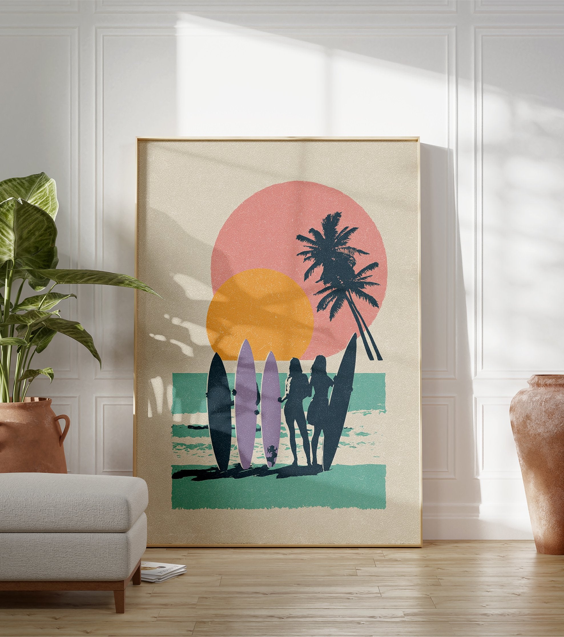 Retro beach surf poster with silhouettes of surfer girls, palm trees, and a pink and orange sunset over turquoise water. - Image 3