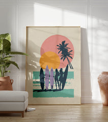 Retro beach surf poster with silhouettes of surfer girls, palm trees, and a pink and orange sunset over turquoise water. - Image 3
