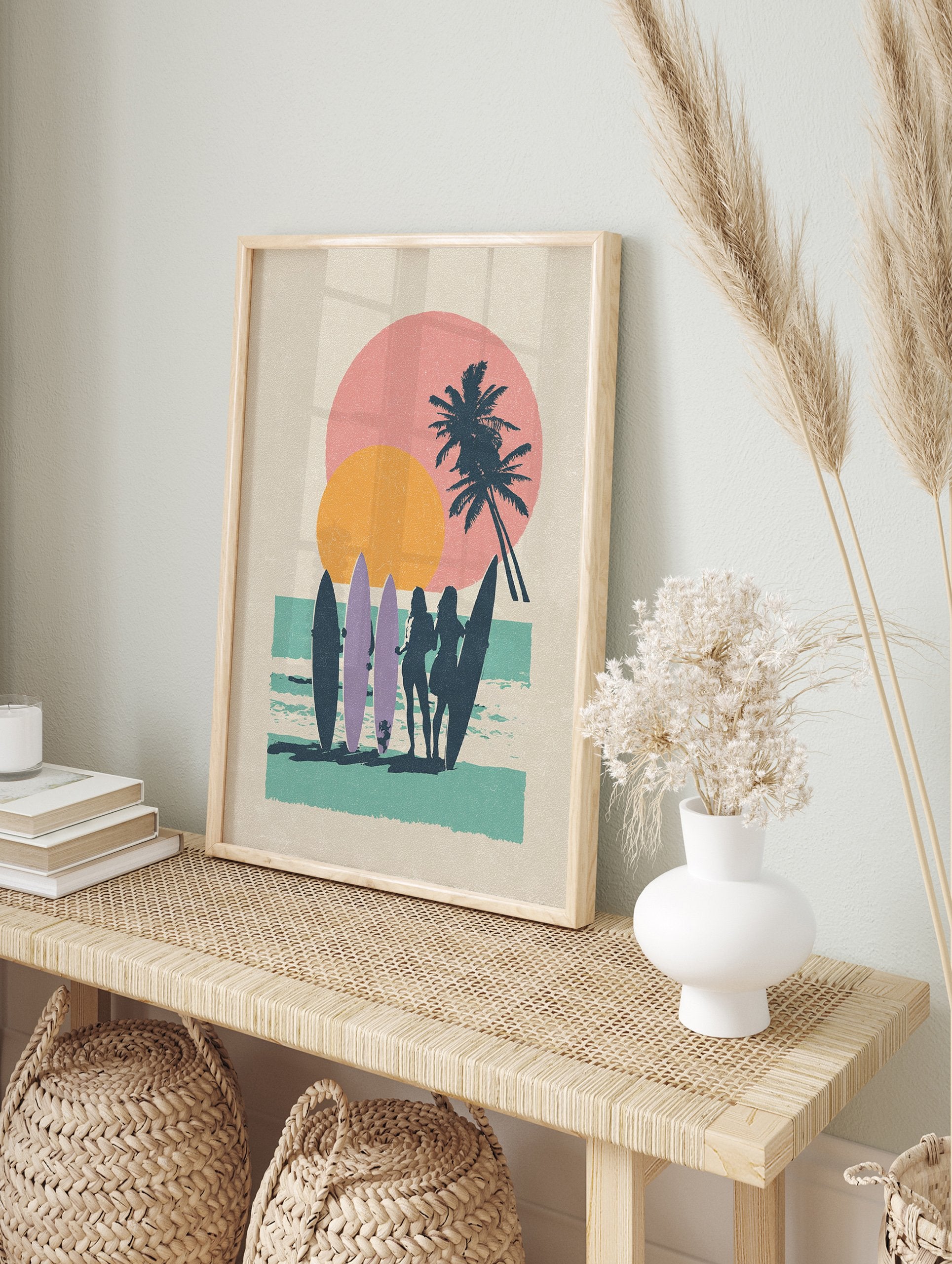Retro beach surf poster with silhouettes of surfer girls, palm trees, and a pink and orange sunset over turquoise water. - Image 4